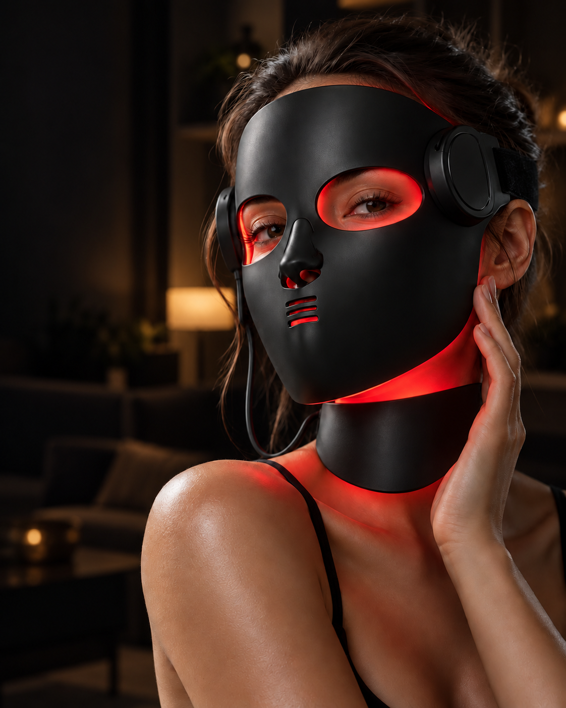 Woman wearing a flexible LED face mask in a dark studio